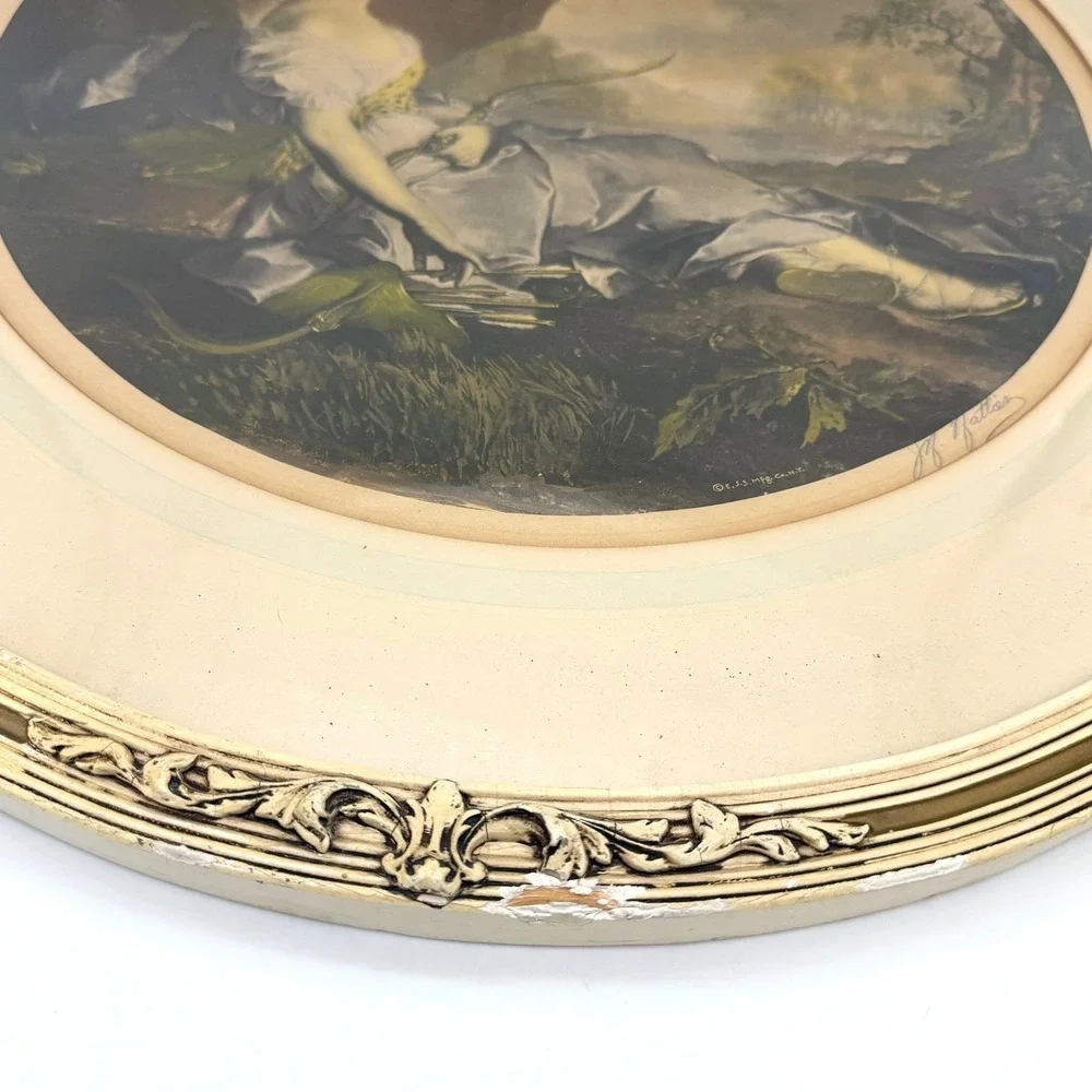 Antique Print Round Ornate Frame Victorian Lady  Signed 23in